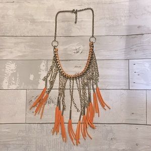 Orange suede fringe statement necklace